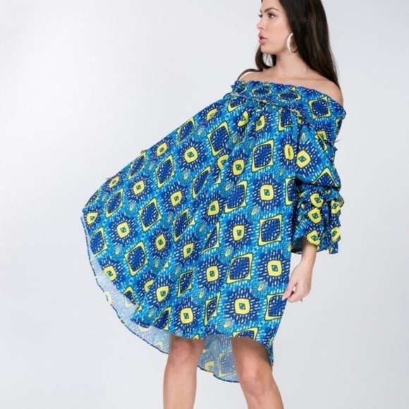 Women's Puffy Ruffle Sleeve Smocking Off Shoulder Print Midi Dress For Valentine - Picture 1 of 4